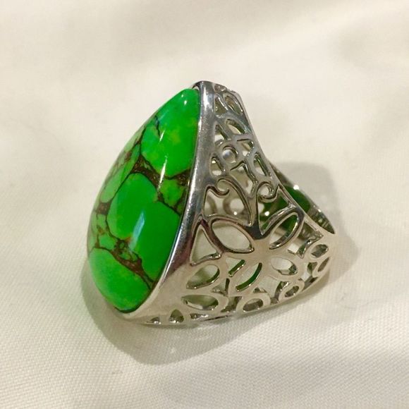 Green Turquoise Copper Infused Sterling Silver Open Work Ring Multiple Sizes - Picture 3 of 16